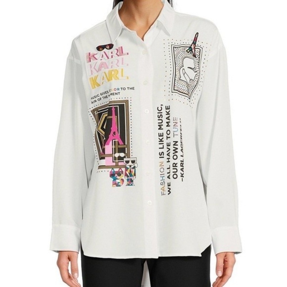 Karl Lagerfeld Paris Limited Edition Blouse Womens Large White Graphic